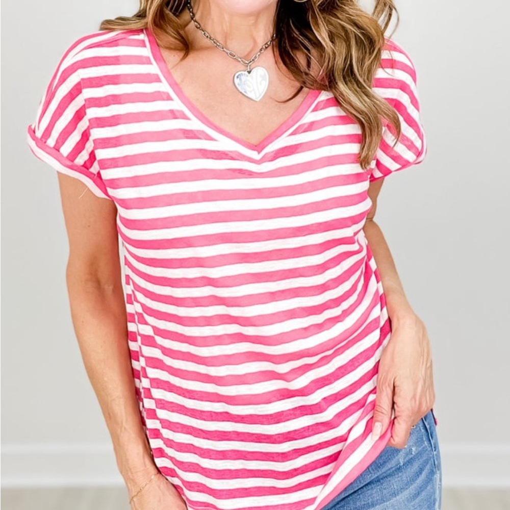 STACCATO V-Neck Short Sleeve Striped Slub Knit Top L Hot Pink
